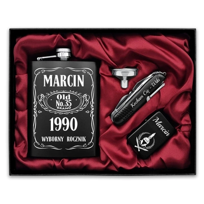 Zestaw Premium Piersiówka Scyzoryk Zapalniczka z GRAWEREM Black 240ml