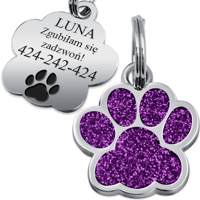 Adresówka Identyfikator dla Psa Kota Łapka Fioletowa METAL GRAWER Gratis