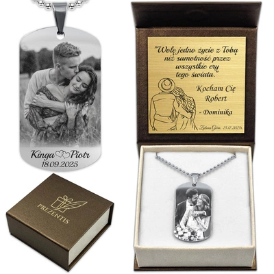 Nieśmiertelnik z GRAWEREM Zdjęcia Męski Stalowy Srebrny Pudełko Premium