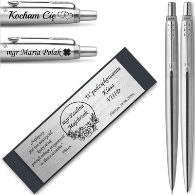 Ołówek i Długopis Parker Jotter Stalowy CT z GRAWEREM Prezent Tabliczka