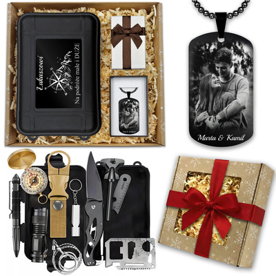  Prezent na Święta ZESTAW SURVIVALOWY 12w1 + Nieśmiertelnik Stalowy GRAWER