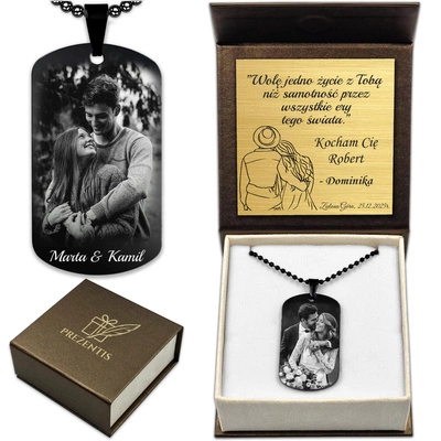 Nieśmiertelnik z GRAWEREM Zdjęcia Męski Stalowy Czarny Pudełko Premium