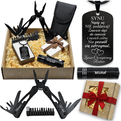 Prezent na Święta Brelok do Kluczy Czarny Scyzoryk Latarka z Grawerem BOX