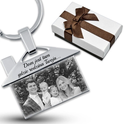 Brelok do Kluczy Domek z GRAWEREM Zdjęcia Stalowy na Prezent Srebrny