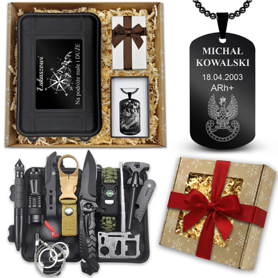 ZESTAW SURVIVALOWY 14w1 + Nieśmiertelnik Stalowy Prezent na Święta GRAWER