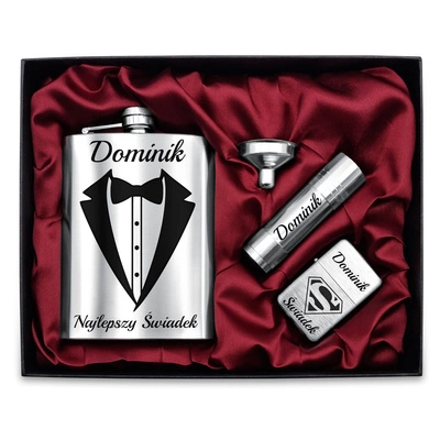 Zestaw Premium Piersiówka Latarka Zapalniczka z GRAWEREM Silver 240ml