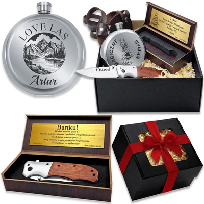 Prezent na Święta Zestaw Nóż Myśliwski + Piersiówka Okrągła z Grawerem
