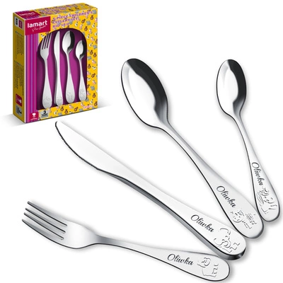 Sztućce dla Dzieci z GRAWEREM Lamart Zwierzątka na Chrzest Roczek Urodzinki