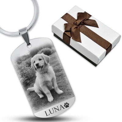 Brelok do Kluczy Stalowy z GRAWEREM Zdjęcia Psa PUPILA na Prezent Srebrny
