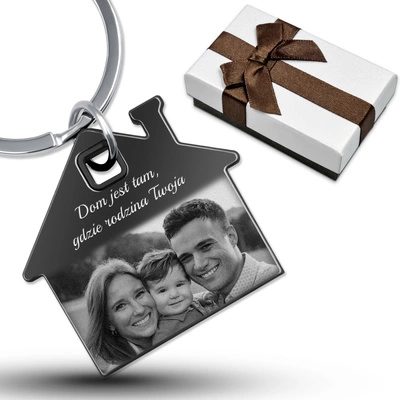 Brelok do Kluczy Domek z GRAWEREM Zdjęcia Stalowy na Prezent Czarny