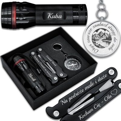  Zestaw Prezentowy Multitool Latarka LED Kompas GRAWER dla Mężczyzny Czarny