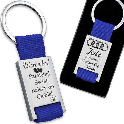 Brelok do Kluczy Metalowy Prostokąt Niebieski z GRAWEREM Prezent dla Taty